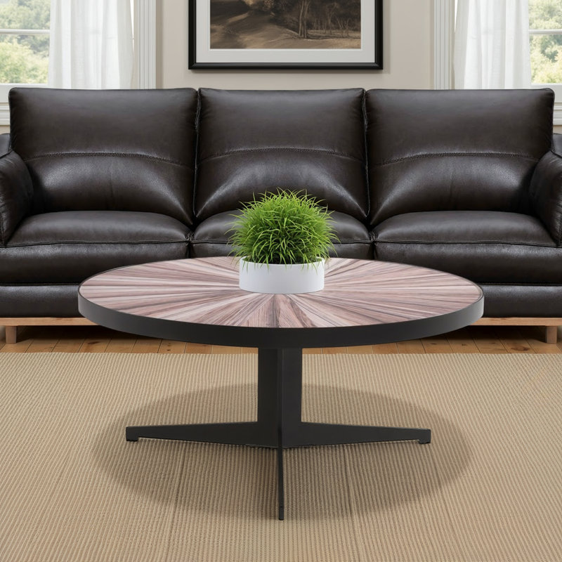 Burdett Mid-Century 33.5 In. Round Maroon Coffee Table With Tempered Glass Top