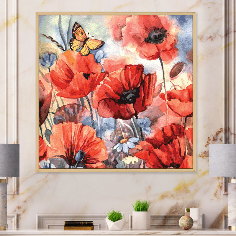«Abstract Poppies Flower», reproduction d'art sur toile encadrée, H 16 po x l 16 po x P 1 po, Cadre flottant brun