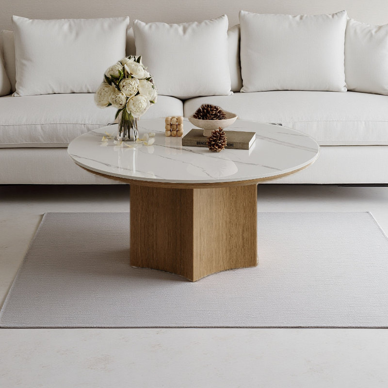35'' Round Coffee Table With Wooden Base, Modern Coffee Table Sintered Stone Top