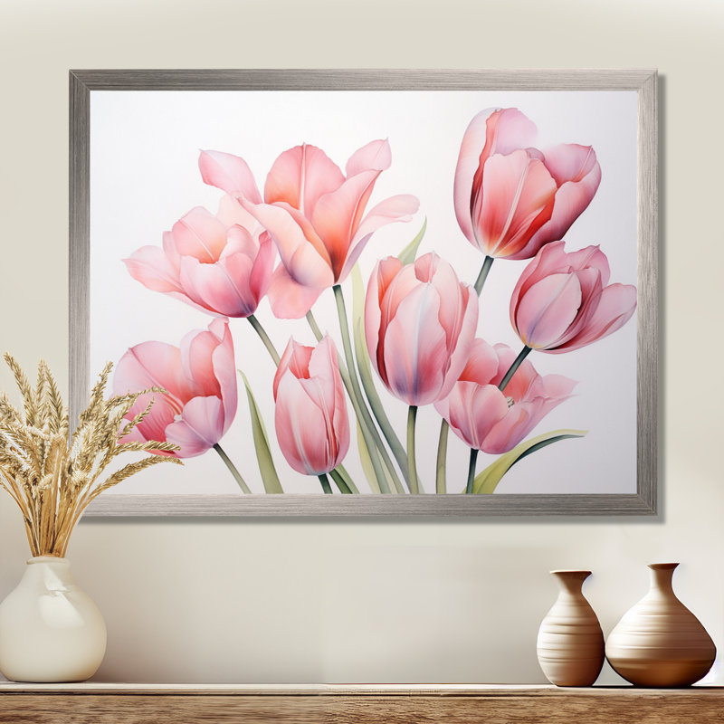 Tulipes, minimalisme, art mural, Cadre simple argenté, H 34 po x l 44 po x P 1,5 po