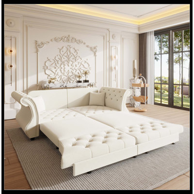 83.8" Oversized Beige Velvet Chesterfield Pull Out Sofa Bed, Classic Roll Arm Flower Tufted Sleeper Couch