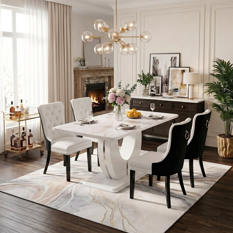 5-pieces 63" Rectangular U-Base Dining Table Set with Upholstery Tufted Chairs, White, Black/White
