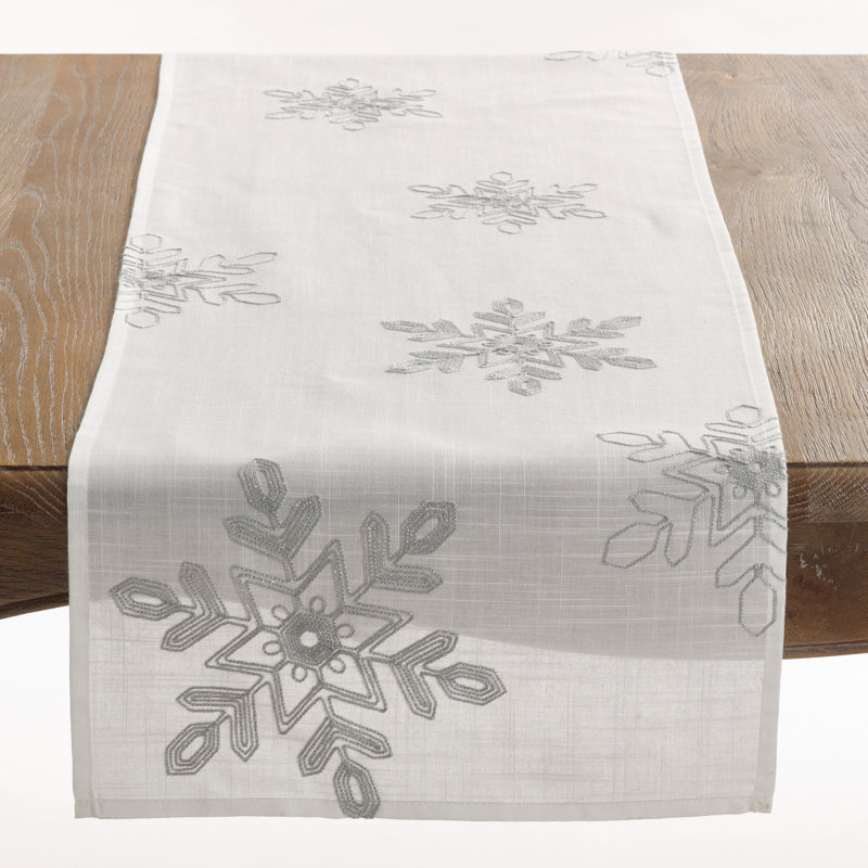 Embroidered Snowflake Holiday Table Runner, Gray, 90" L x 16" D
