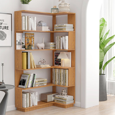 90Cm (35.43") Extended Size Freestanding Corner Bookshelf For Living Room, Bedroom, Home Office, Wooden Bookcase With Anti-Drop Panel And Anti Tipping Device, Open Storage Display Cabinet 5 Colors