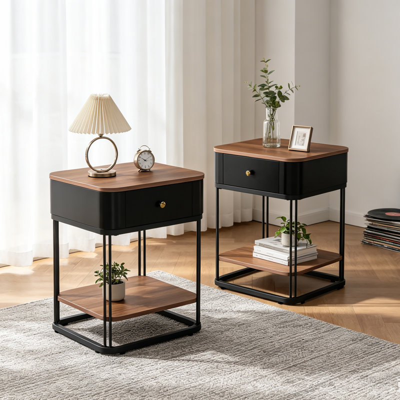 Nightstand Set Of 2 With Rounded Corners, Modern Bedside Table With Drawer And Shelf, Brown