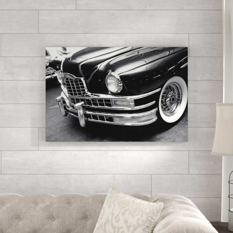 Impression sur toile noire et blanche de voiture rétro, H 24 po x l 36 po