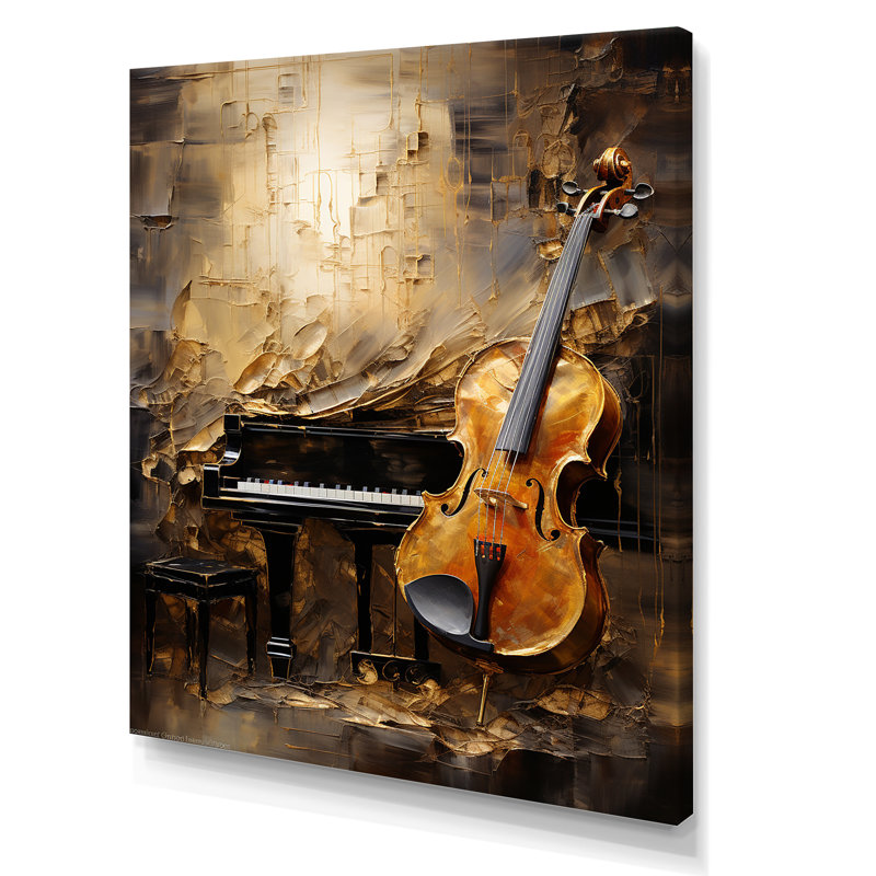 Rétro harmonie violon et piano - musique, art mural, H 40 po x l 30 po x P 1,5 po, Toile tendue