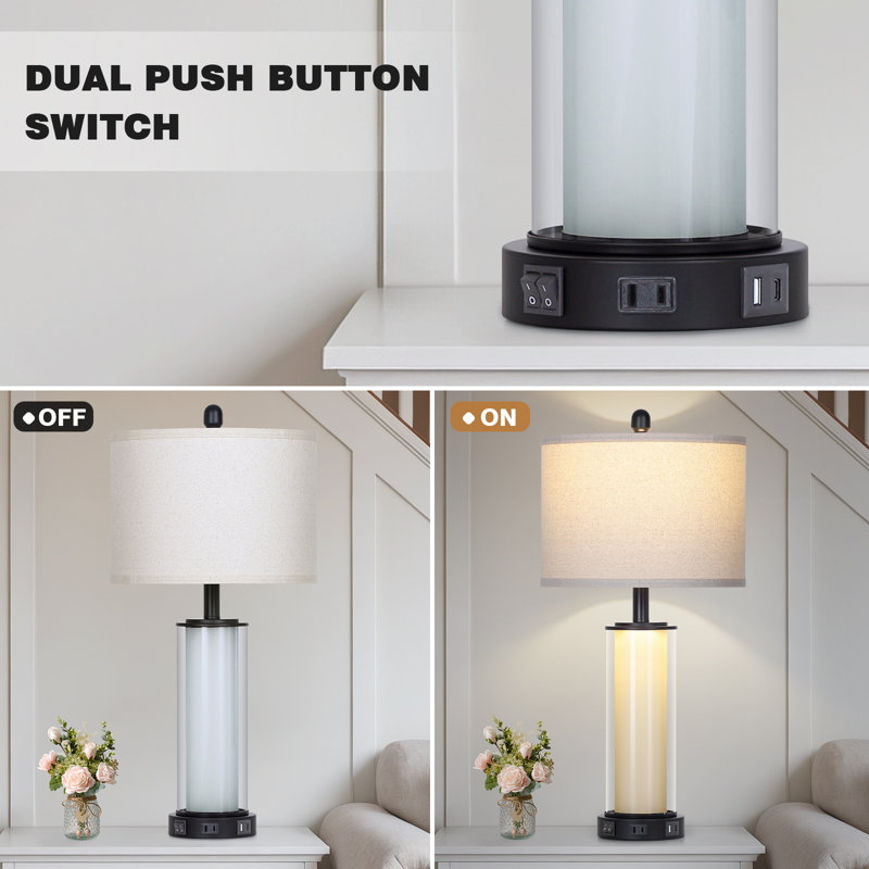 26” Modern Glass Touch Control Table Lamps with Dual USB Ports, Off White, Beige