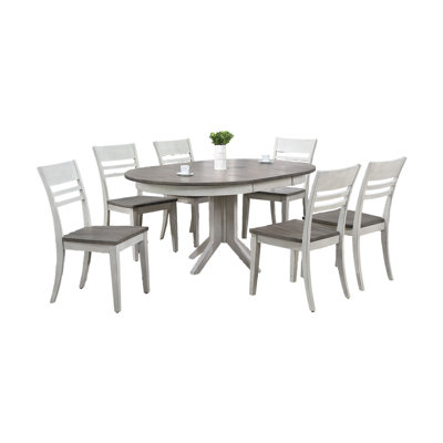 Hend 7 - Piece Extendable Round Solid Wood Dining Set in White and Grey