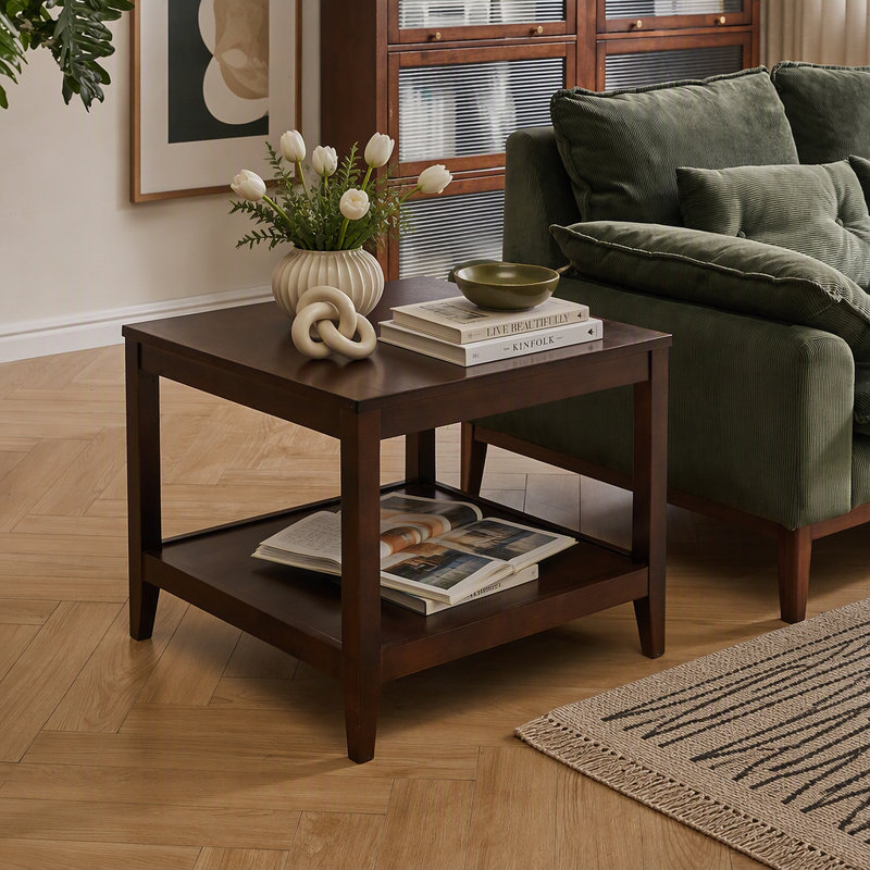 Table de bout en bois massif, table d'appoint carrée à 2 niveaux avec tablette de rangement, table de chevet en bois pour le salon, petite table basse