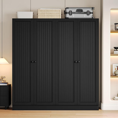 63" Black 4-Door Wardrobe with 2 Drawers, Adjustable Shelves & Hanging Rods