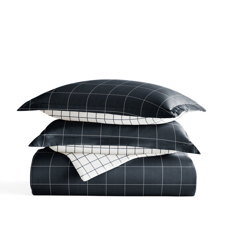 Patterned Ultra Soft 3 Piece Duvet Cover Set - Serenity, Full/Queen, Rustic Windowpane Navy