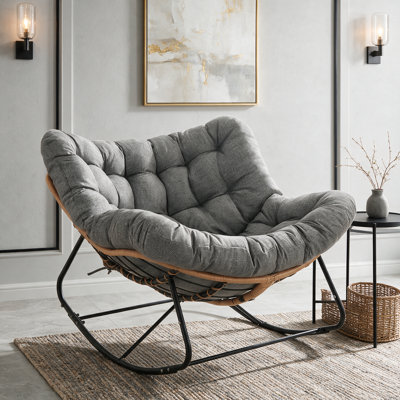 Indoor & Outdoor Papasan Rocking Chair, Oversized Padded Lounge Rocker With Cushion, Comfy Wicker Egg Lounge Chair, Large Indoor Rocking Recliner For