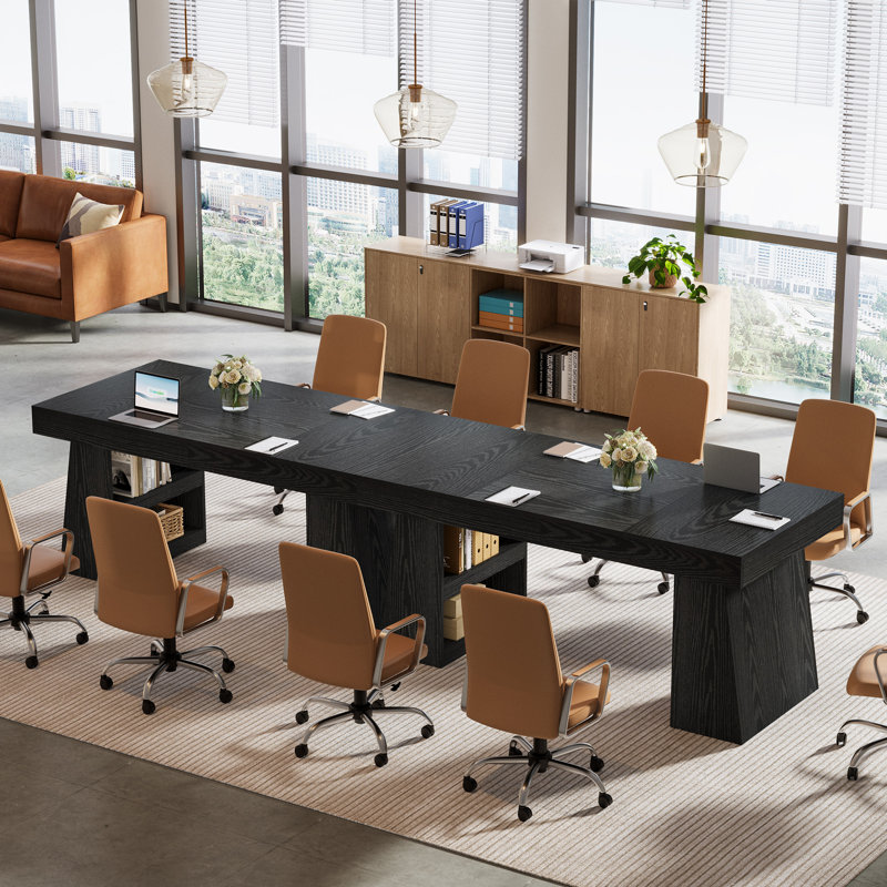 Table de conférence de 4,6 pi pour 4 à 6 personnes, table de réunion moderne avec tiroir de rangement et tablettes, Black