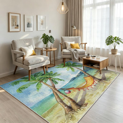 Clear Tropical Landscape Coconut Palms Beach Ocean Bright Sunny Summer Day Machine Washable Indoor Area Rug