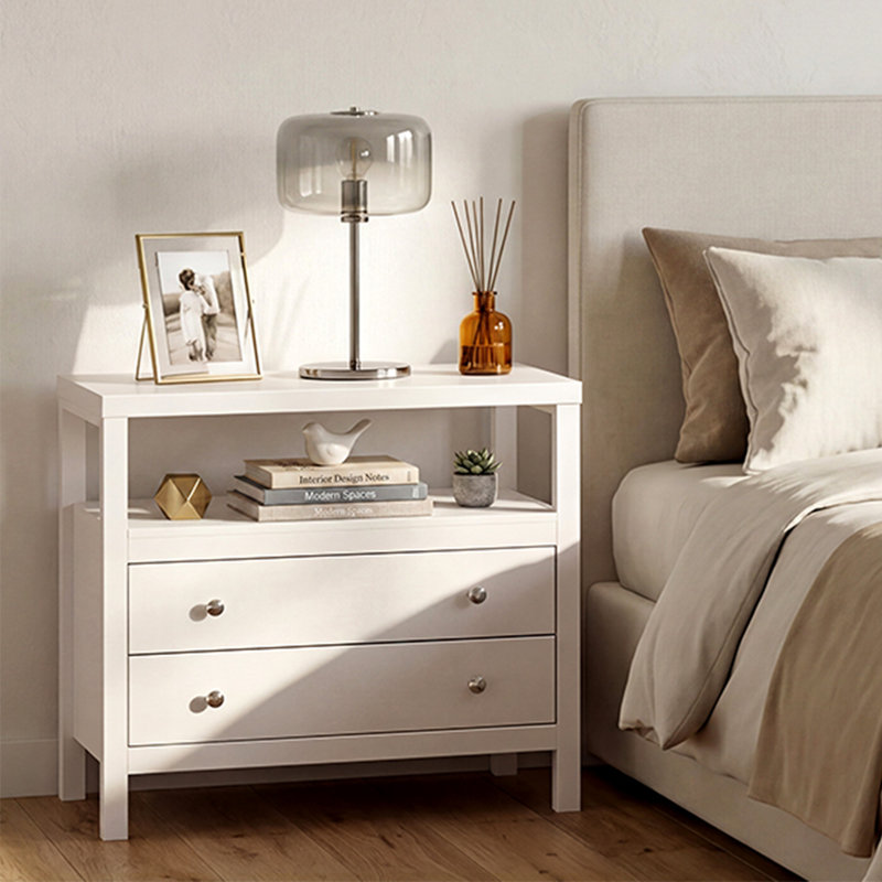 Table de chevet de 28 po de largeur avec 2 tiroirs et tablette ouverte Hanson, table de chevet moderne avec rangement, table de bout en acier pour chambre à coucher, salon, bureau