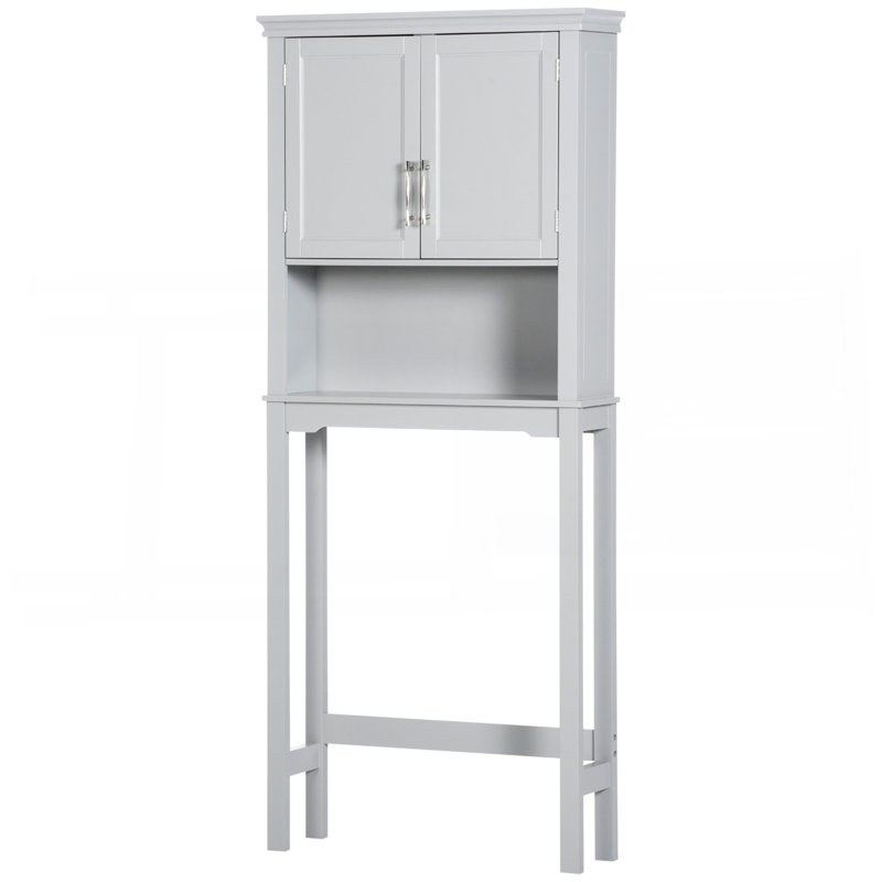 Modern Over The Toilet Storage Cabinet, Double Door Bathroom Organizer With Inner Adjustable Shelf And Open Shelf, Grey
