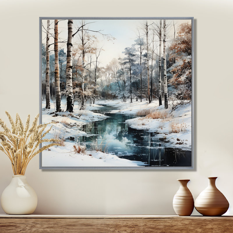 Rivière en forêt, paysage d'hiver - impressions sur toile de forêt, H 24 po x l 24 po x P 1 po, Encadrement argenté