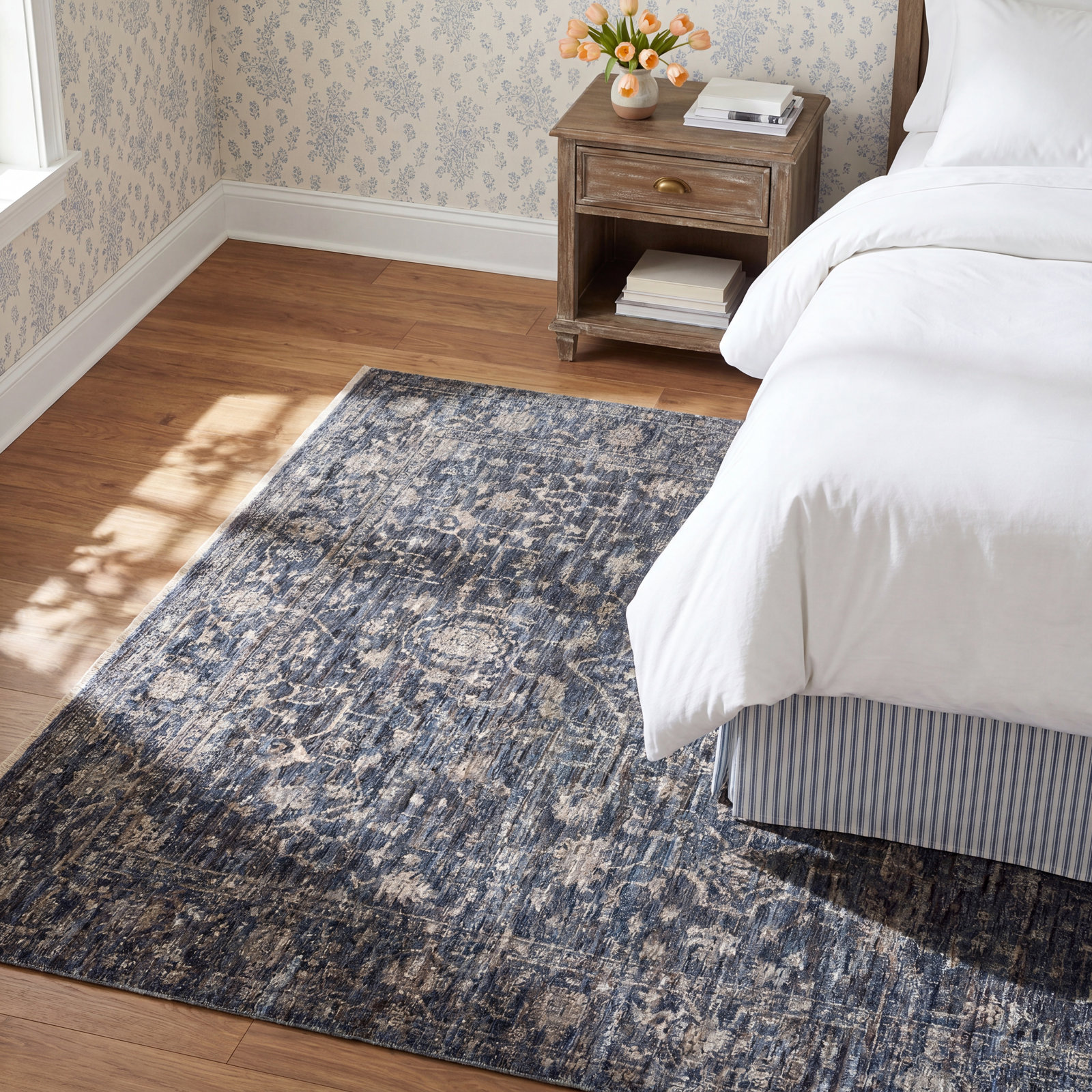 Sorrento Oriental Machine Made Power Loom Polyester Area Rug in Blue, Rectangle 9'6" x 13'1"