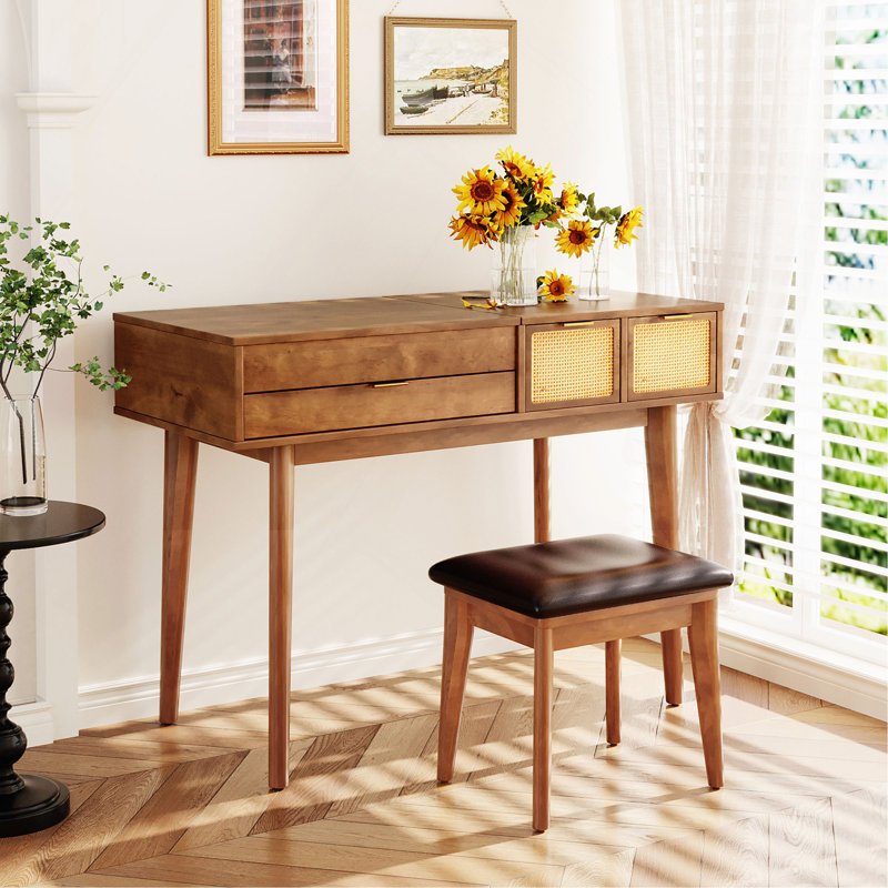 Ensemble coiffeuse 43,3 "en bois avec miroir rabattable et tabouret, coiffeuse avec trois tiroirs et espace de rangement, brun