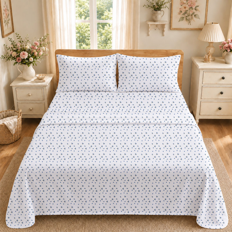 Floral Bedspread Set, Bleu saupoudré, Queen
