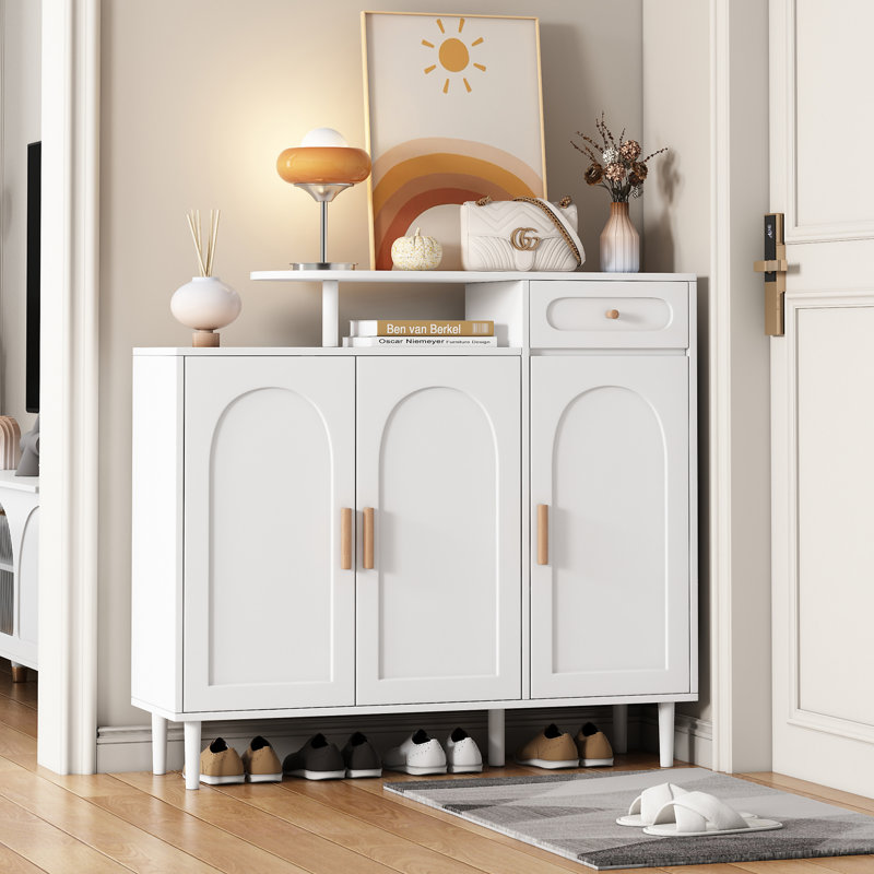 Armoire à chaussures élégante avec portes arquées et tiroir, Blanc