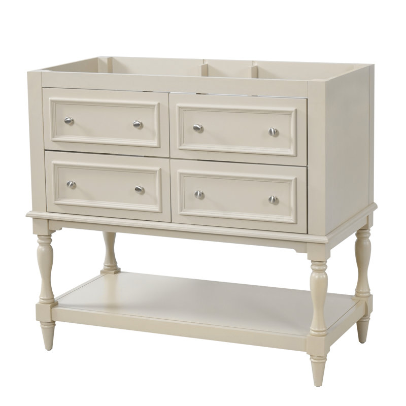 Armoire de salle de bain 36 po, ensemble de meuble-lavabo autoportant avec 4 tiroirs, structure en bois massif, beige, Beige