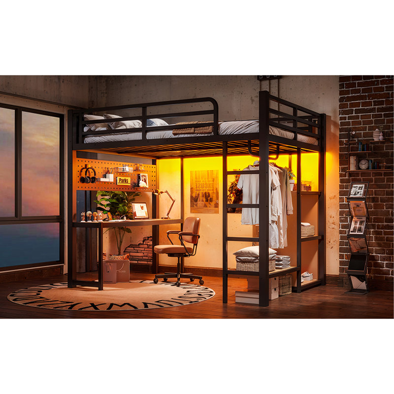 Lit mezzanine double avec tablettes de rangement et bureau, lit mezzanine en métal avec ports USB, lumières et tringle de suspension