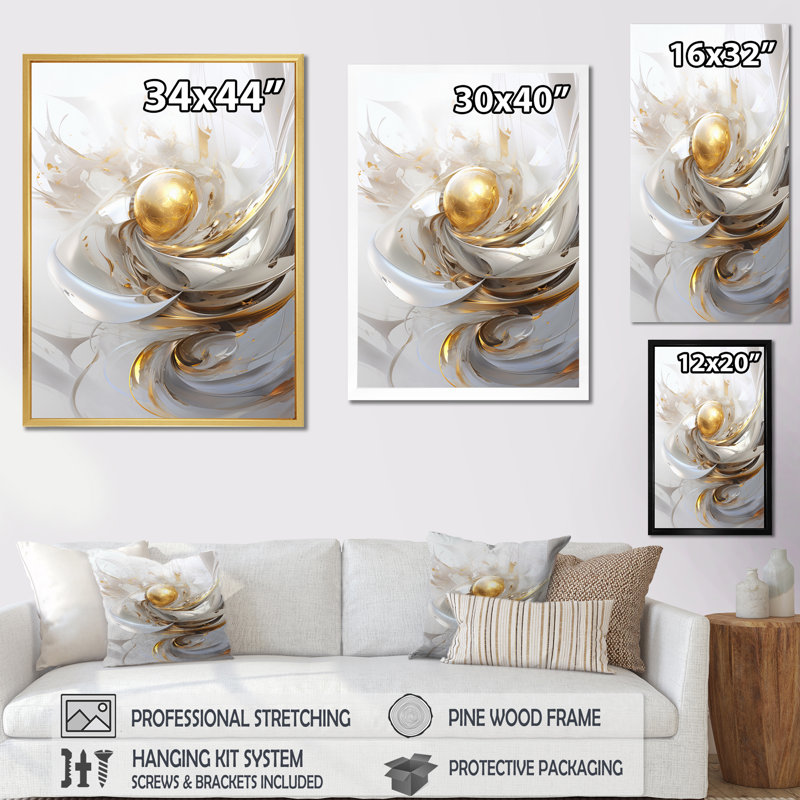 Impression sur toile Fractal Gold Sphere On White I - Fractals, H 20 po x l 12 po x P 1 po, Cadre flottant noir