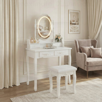 Ensemble de bureau de coiffeuse Princess avec miroir, tabouret rembourré et rangement à 4 tiroirs, parfait pour la chambre des filles et l'organisation du maquillage