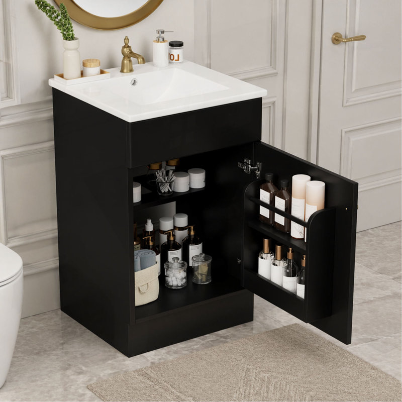 Meuble-lavabo de 20 po avec lavabo, meuble-lavabo avec tablette de porte et tablette réglable, Noir et or, 20"