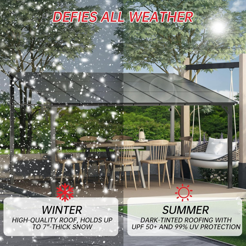 Pavillon de jardin mural adossé 10 x 12 pi, pergola de terrasse extérieure améliorée avec cadre en aluminium renforcé et toit rigide en polycarbonate de 6 mm pour terrasse, jardin et jardin