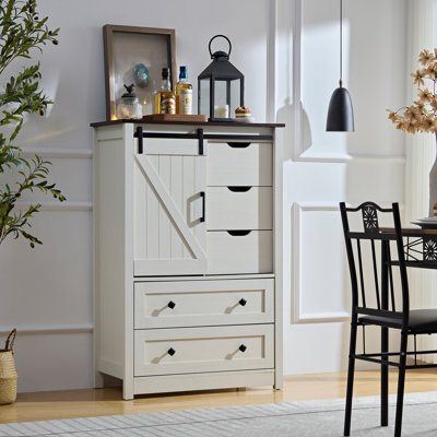 48"w Farmhouse Dresser With Sliding Barn Door - 5-drawer Storage Chest For Bedroom