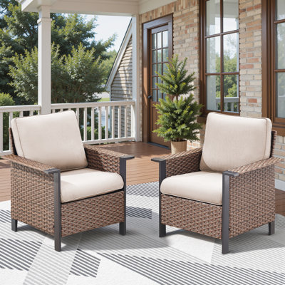Coady All-Weather Wicker Outdoor Wide Armrest Lounge Chairs With Cushions (Set Of 2)