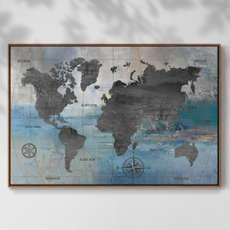 «World Map Blue» et toile tendue avec cadre gris, H 25 po x l 37 po x P 2 po, Noyer