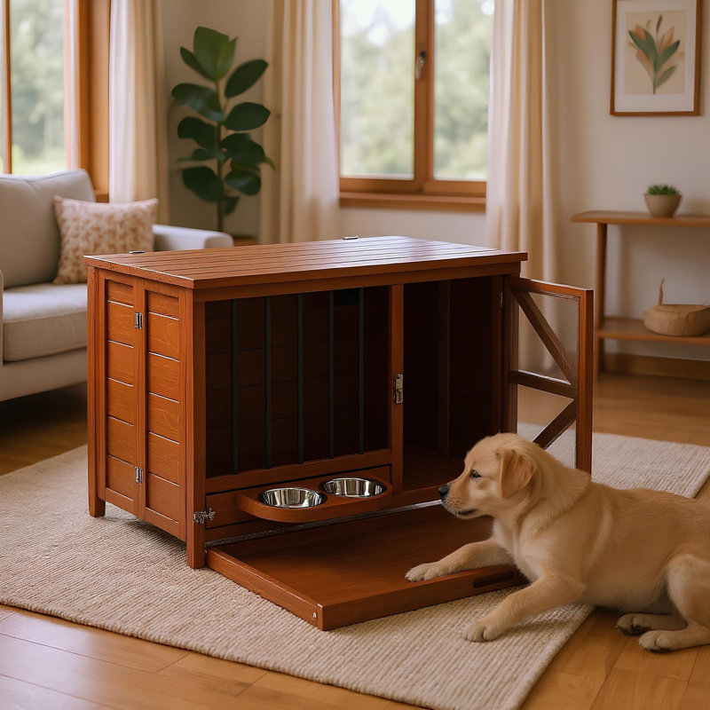 Wood Dog Crate with Rotating Feeder and one door, 20" H x 33" W x 24.25" D