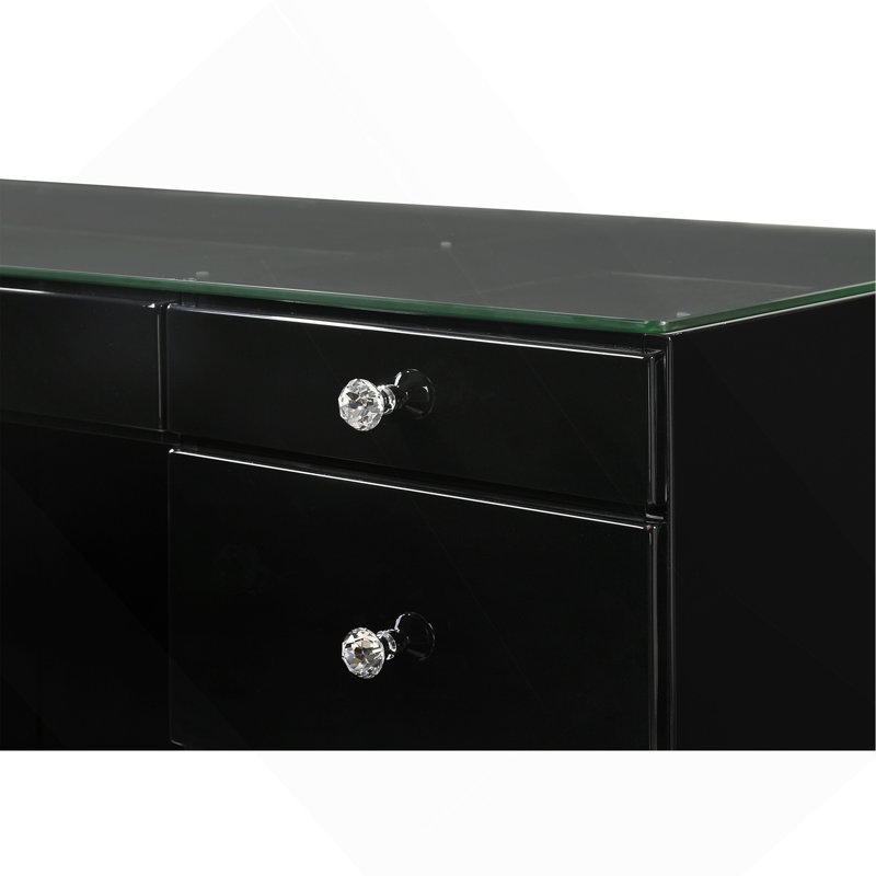 1Pc Glam Makeup Vanity Table Glass Top 9 Drawers Knobs Black Wooden Bedroom Furniture, Black