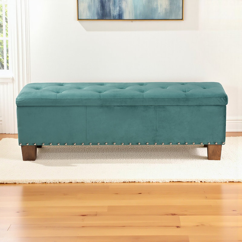 Johs Storage Bench in Teal Velvet Fabric Upholstered, 17.32'' H X 52.17'' W X 16.73'' D, Teal 