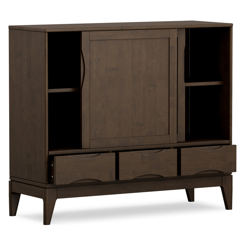 Armoire de rangement de style Mid-Century moderne en bois franc massif avec portes coulissantes et tiroirs Harper, Noyer brun