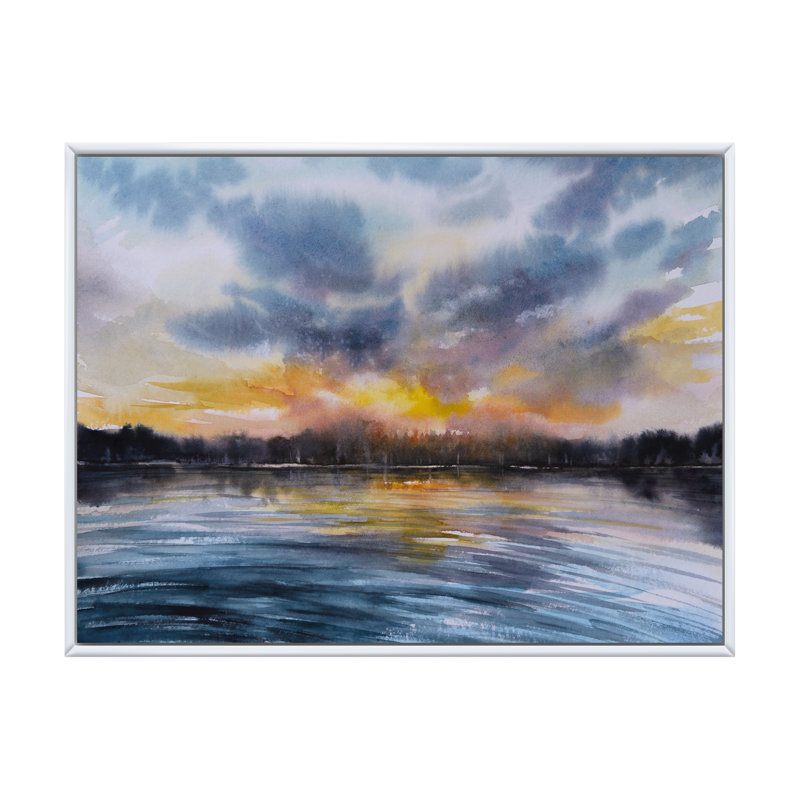 Coucher de soleil sur le lac I - décor mural toile, H 16 po x l 32 po, Cadre flottant blanc