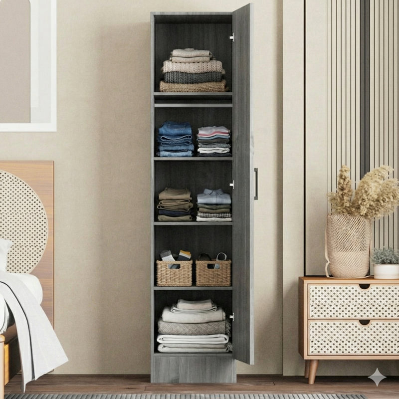 Grande armoire peu encombrante avec tablettes et tringle, Gris