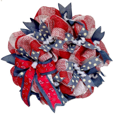 All Occasion Wreath Bandana and Denim Ribbons 24 inch diameter Indoor/Outdoor Handmade Deco Mesh