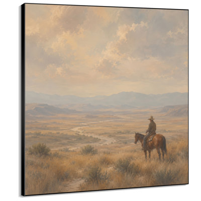Impression sur tissu grand format - Cowboy de l'Ouest à cheval surplombant une vallée montagneuse - Idéal pour le salon ou la chambre - « Assemblage du cadre requis (cadre non fini) »