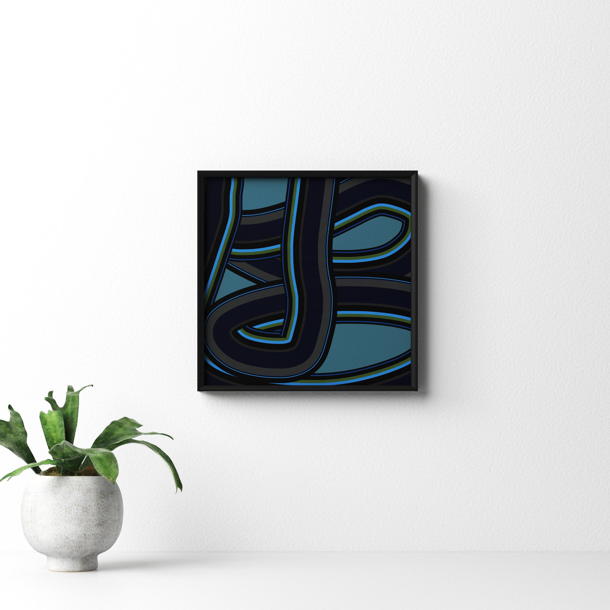 Stone Blue Twist by Jacques Pilon, 16" H x 16" W x 1.25" D, Black