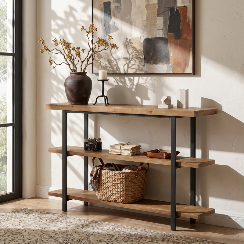 Console 63 po en bois massif avec tablettes de rangement à 3 niveaux, canapé industriel
