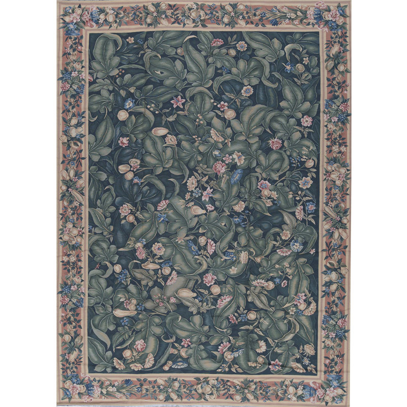 Tapis vert foncé et rouille de haute qualité noué à la main
