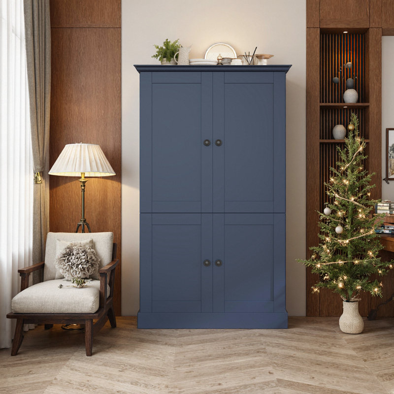 Armoire de cuisine avec 4 portes, 3 tiroirs, 6 supports à vin et poste de travail, Bleu