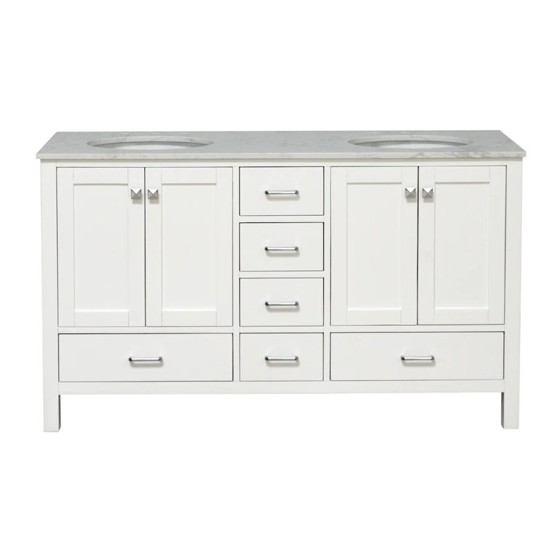 Claudett 60'' Double Bathroom Vanity with Top, White, Engineered Carrara