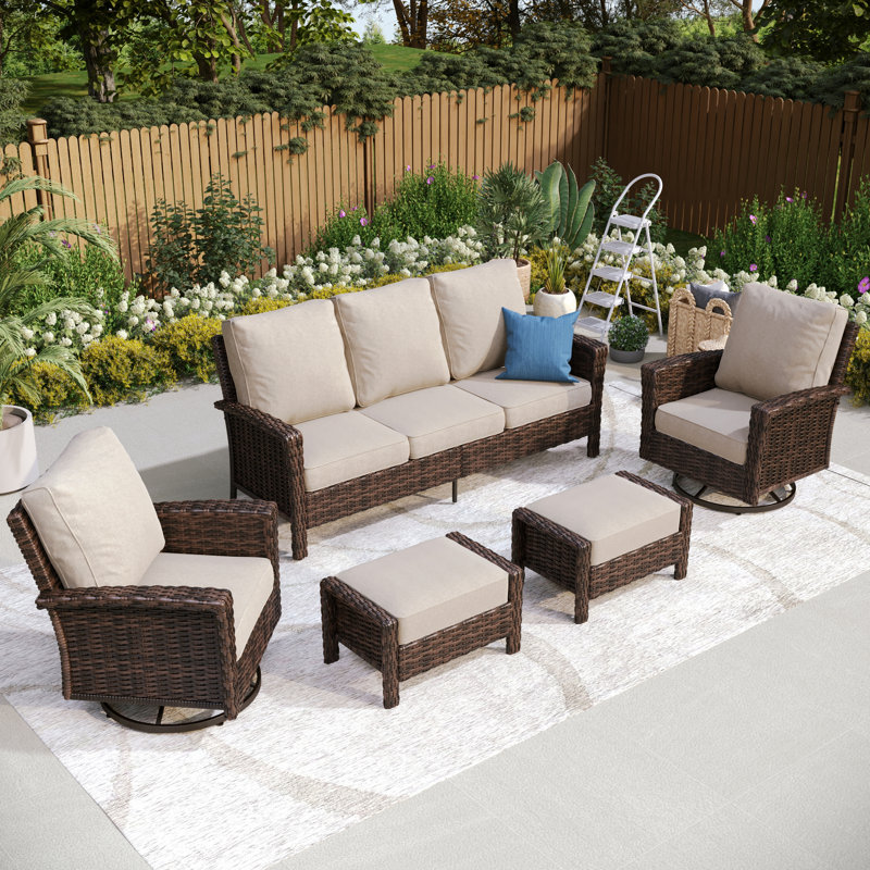 Nadilee Premium All-Weather Wicker 5 - Person Patio Conversation Set with Cushions, Beige