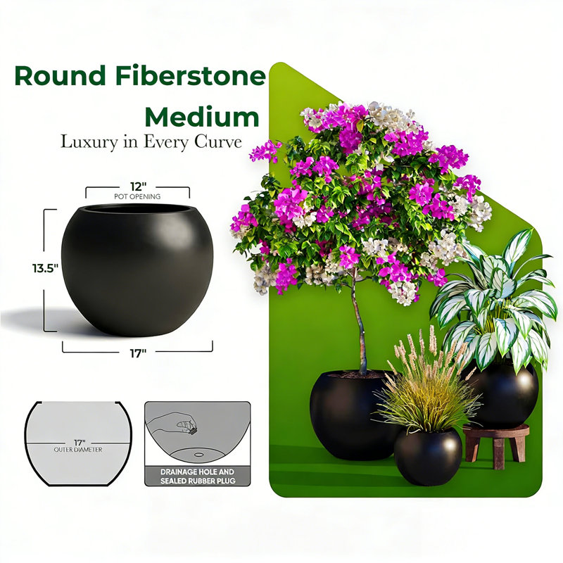 13.5 H X 17" Dia (12" Pot Opening) Round Fiberstone Planter With Drainage Hole, Black, Indoor/Outdoor Large Plant Pot For Home Patio Garden, Ideal For Large Plants